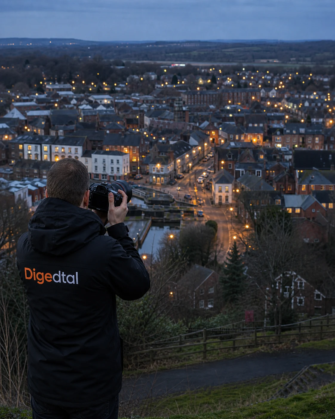 Digedtal photographer overlooking a Cheshire town with a DSLR camera