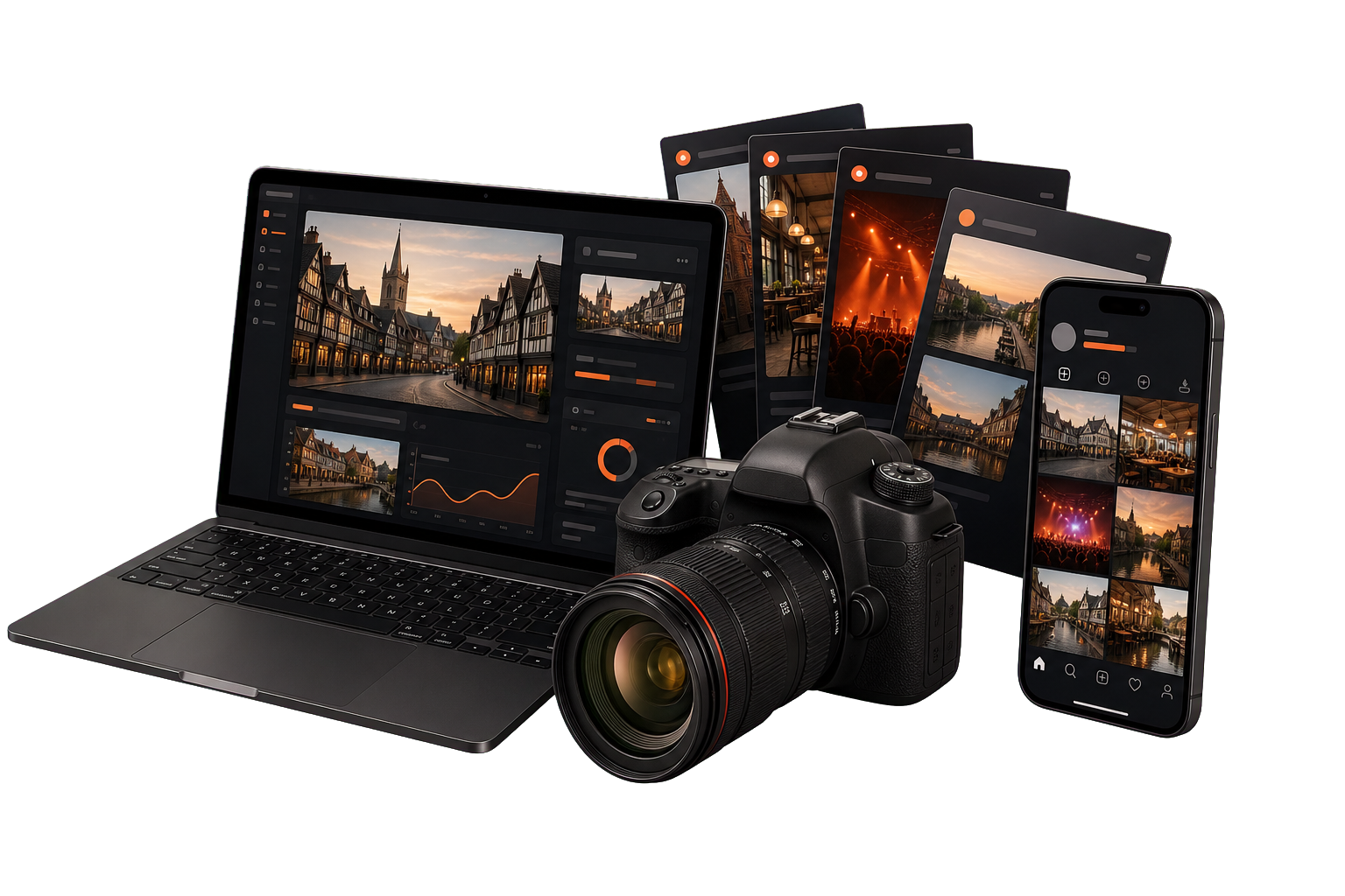 Laptop, smartphone, DSLR camera and social media content representing websites, photography and marketing by Digedtal